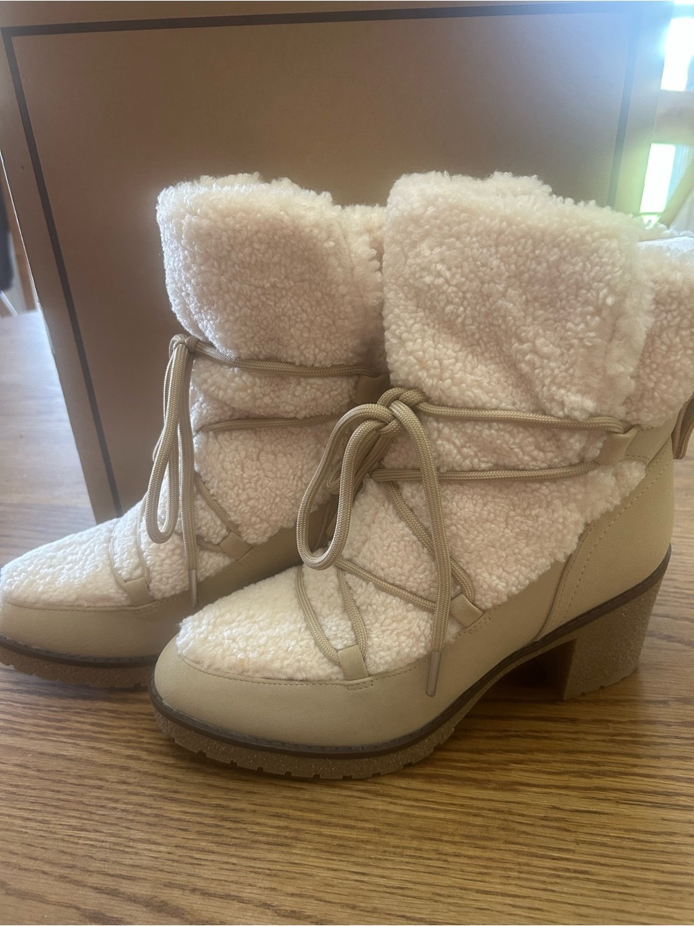 MIA Cream Shearling Lace-Up Ankle Boots
